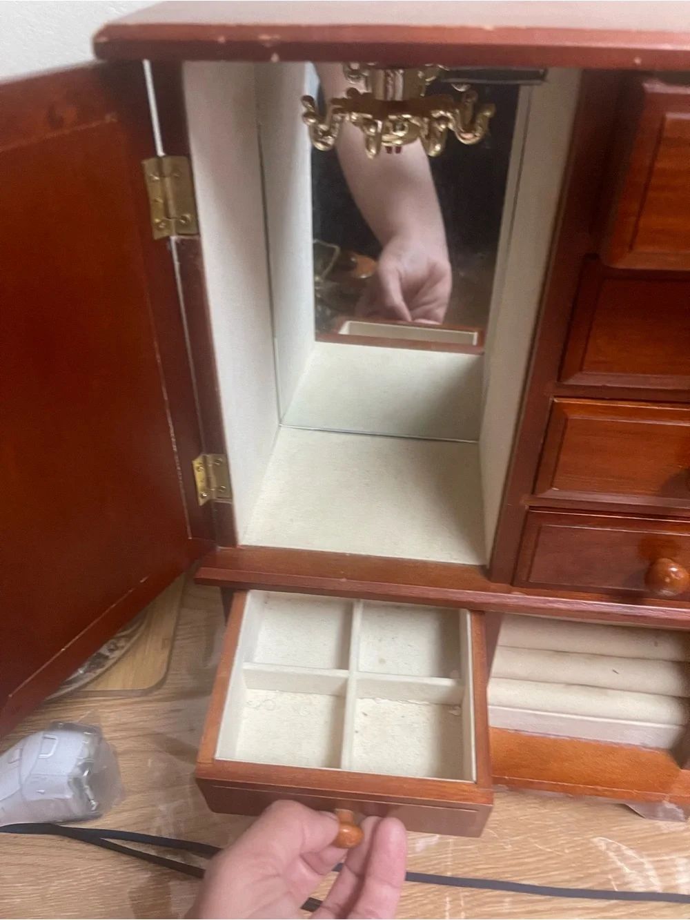 Vintage Mele Tall Wooden Jewelry Box with Seven Drawers and Drawers Mirror
